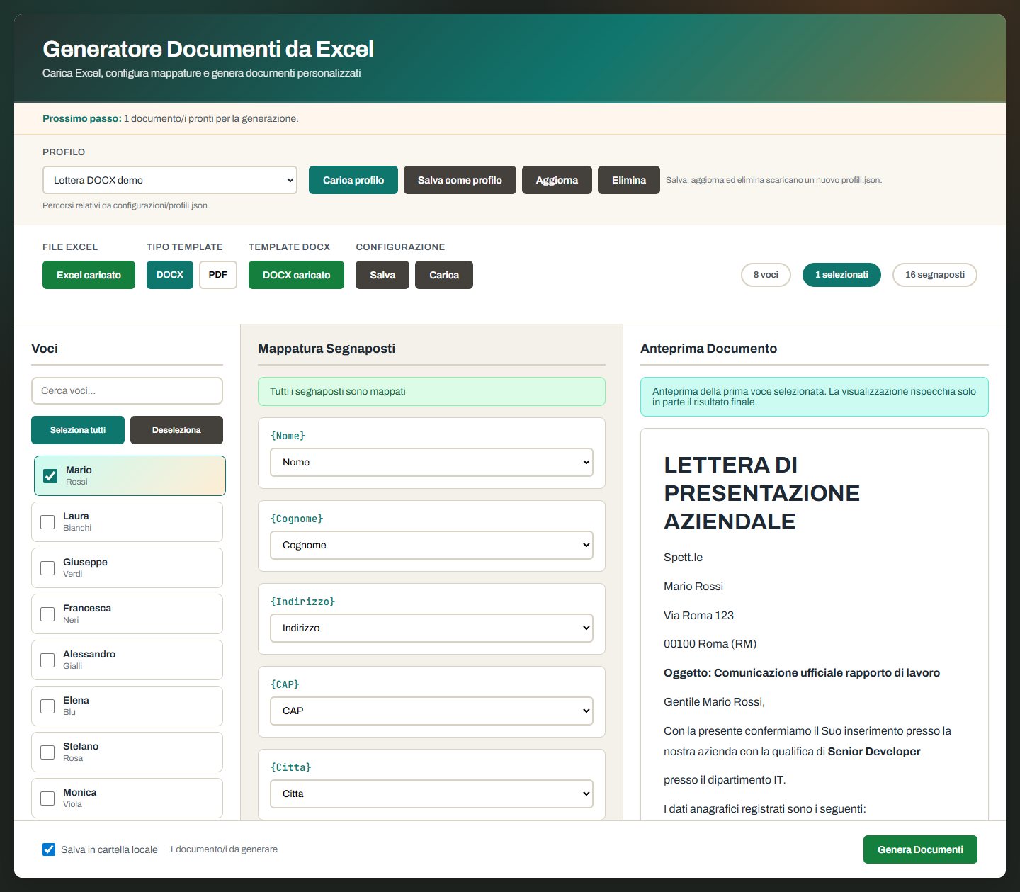 Anteprima del documento generato da una voce Excel
