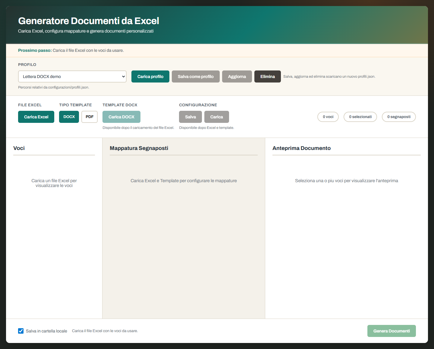 Schermata iniziale di Compilatore Documenti