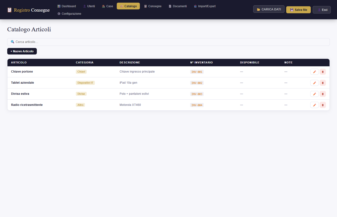 Catalogo articoli con categorie colorate e numero inventario