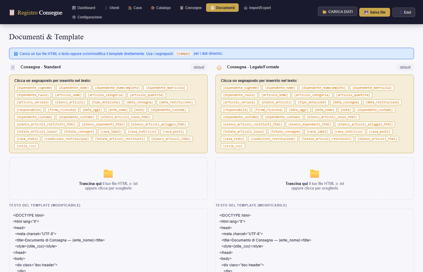 Editor template documenti con segnaposti dinamici cliccabili