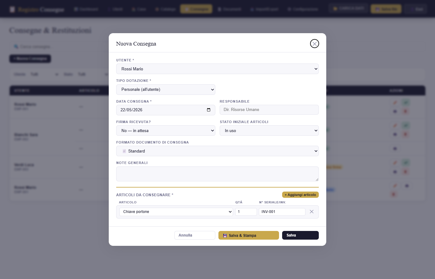 Form nuova consegna con selezione multi-articolo e scelta template documento